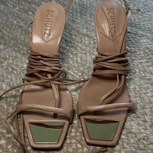 SCHUTZ Vikki Leather Ankle Tie Tan Strappy Heels